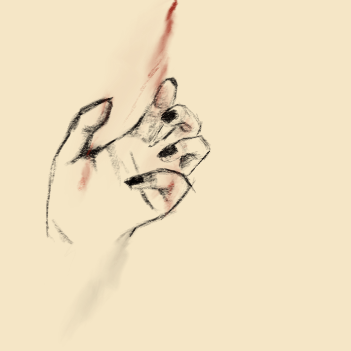 A drawing of a woman's hand with black fingernails reaching out, fingers slightly bent. There are trails of red on her hand that look like blood.
